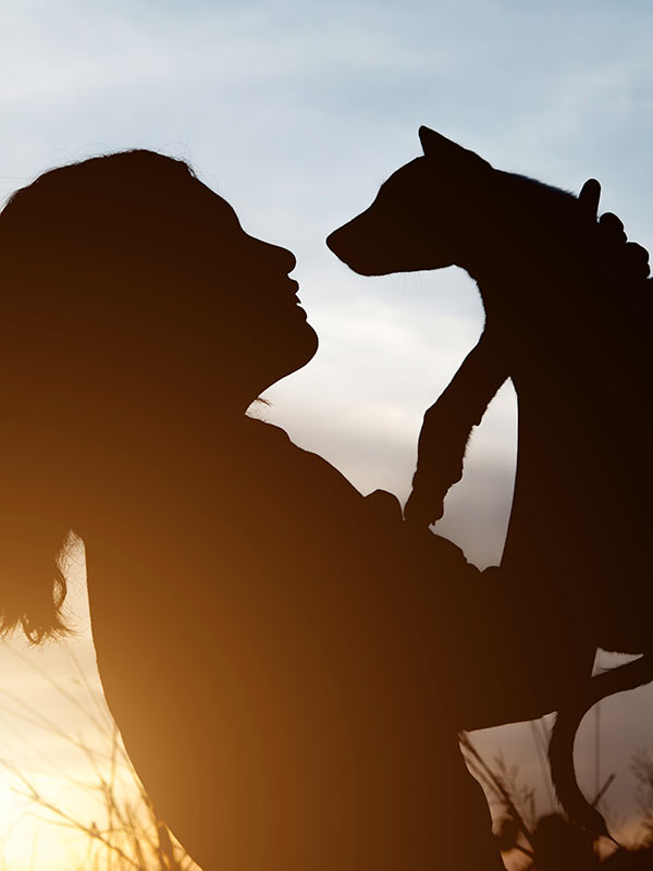 Silhouette of a woman holding a small dog in front of a sunset